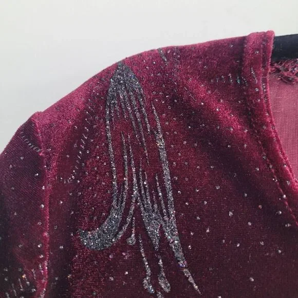 vintage 90s burgundy wine red embossed velvet short sleeved blouse goth romantic - Picture 5 of 8